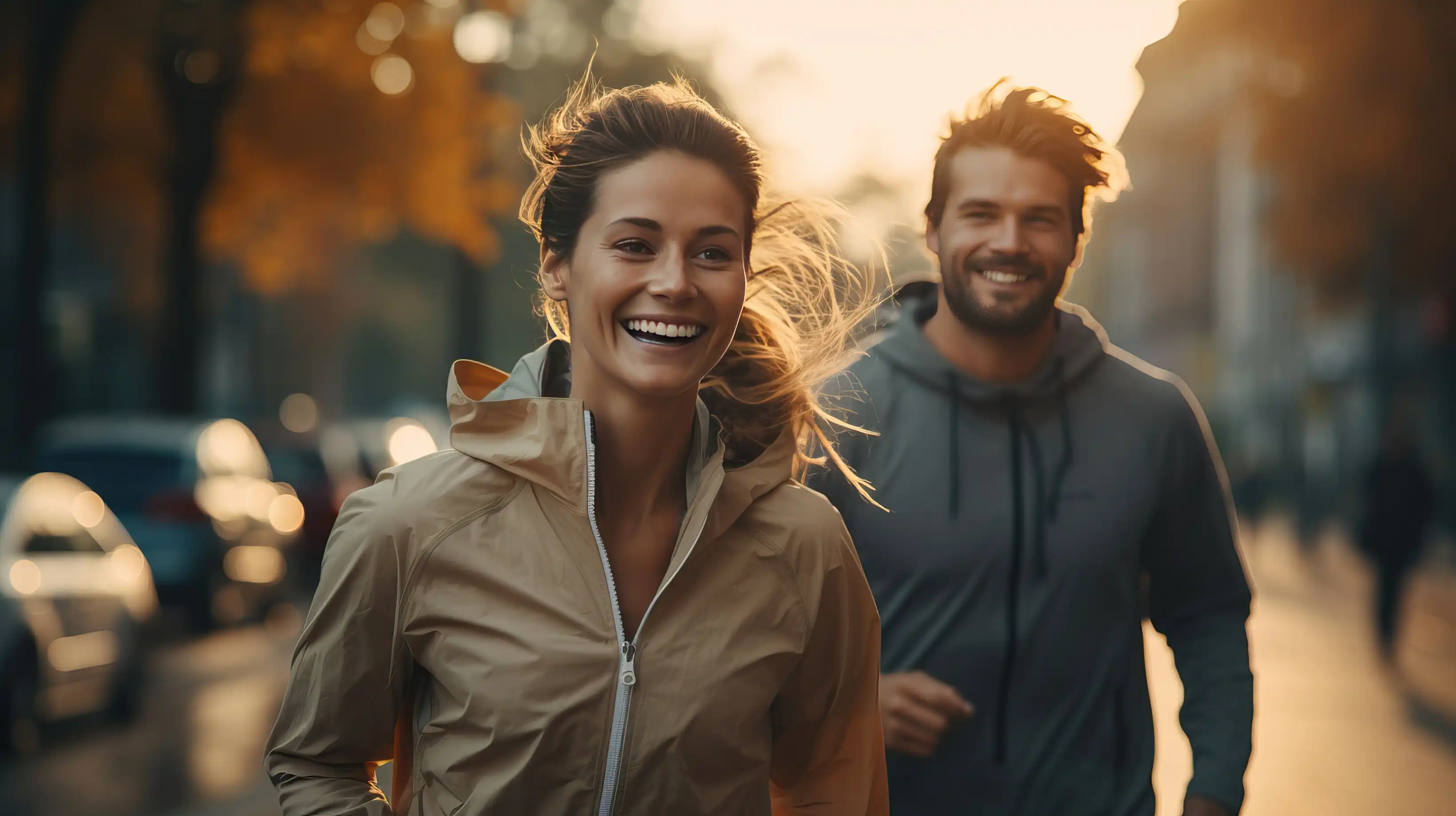 Zwei Jogger vor einer Reihe parkender Autos.